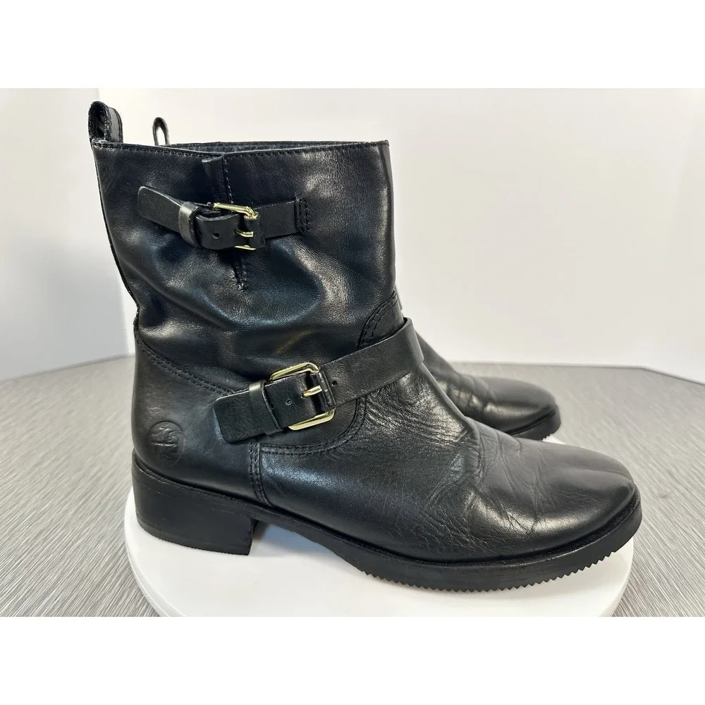 Tory Burch Bennie BLACK Leather Buckled Biker Ankle Boots size 9 Vibram‎ Soles